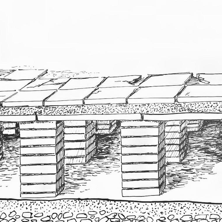 1962: Zeichnung des Hypocaustum (Kurt Müller)  an der Ausgrabung des römischen Gutshofs im Lachenhau (heute Kreuzung Keltenstraße und Hallstattstraße) (Quelle: Walter Brants)