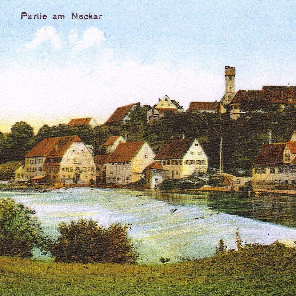 1912: Partie am Neckar - Postkarte mit der alten Kirche (Quelle: NN)
