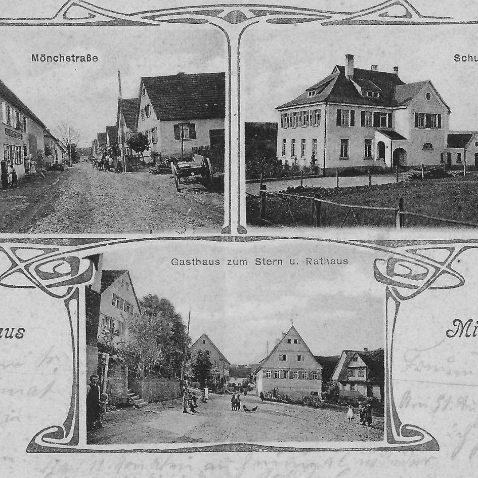 1915: Postkarte:  Gruß aus Mittelstadt,  mit Mönchstraße, Schulhaus, Gasthaus Stern und Rathaus (Quelle: Manfred Knecht)